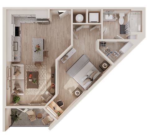 Floor plan for 1 bed, 1 bath, 647 sqft